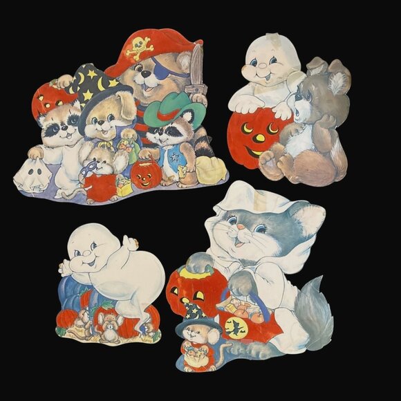 Other - Vtg Halloween Felted Die-Cut Decor Baby Ghost Kitty Cat Teddy Bear Raccoon